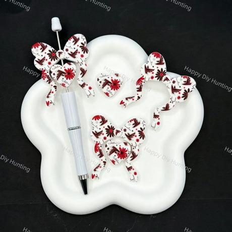 Football themed bow heart silicone focal beads, red white geometric floral print for handmade beadable pen craft