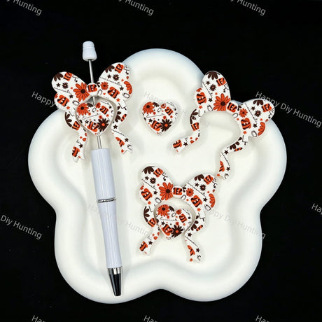 Football themed bow heart silicone focal beads, red white geometric floral print for handmade beadable pen craft