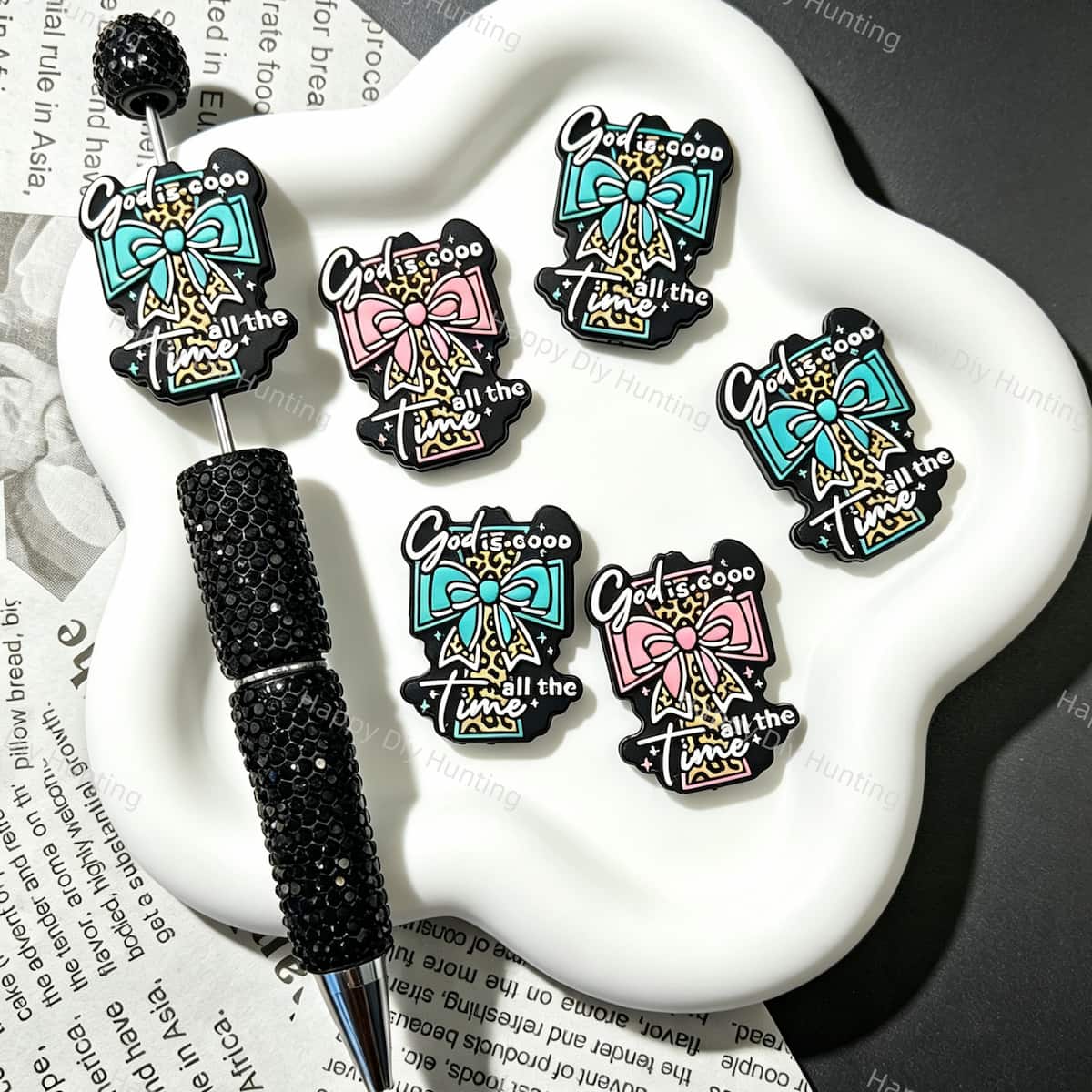 God Is Good All The Time Leopard Bow Silicone Focal Beads for custom beadable pen handmade DIY craft projects