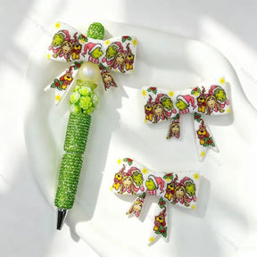 Green christmas cartoon print bow silicone focal beads for DIY beadable pens