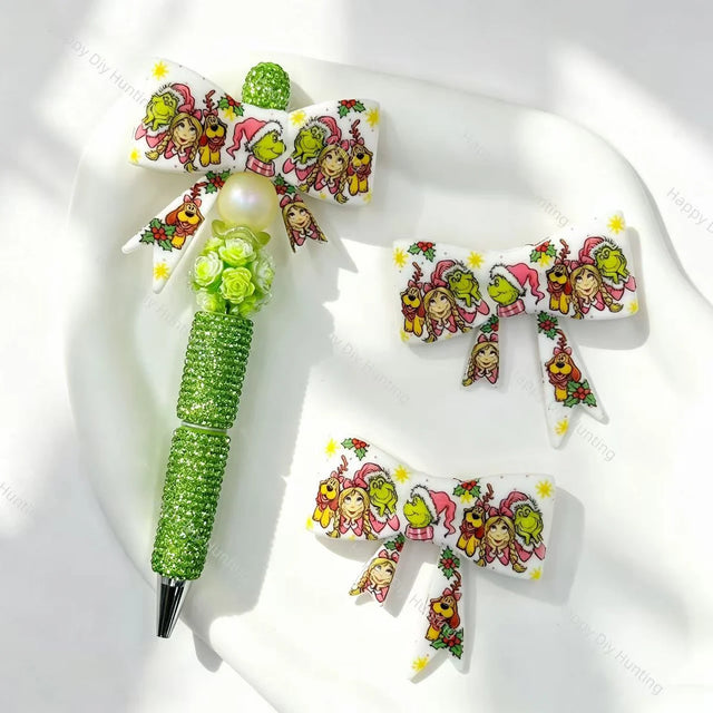 Green christmas cartoon print bow silicone focal beads for DIY beadable pens