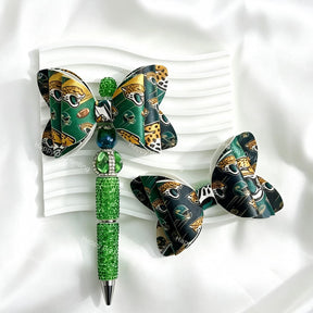 green leopard-head JJ football print bow beads for DIY beadable pens and sports-themed crafts