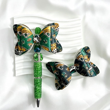 green leopard-head JJ football print bow beads for DIY beadable pens and sports-themed crafts