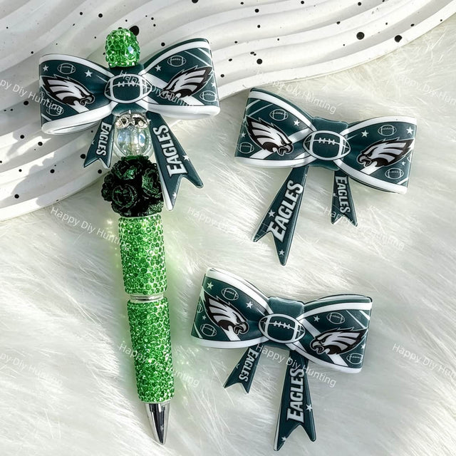 green-white eagle PE football theme bow silicone focal beads for DIY pens and sports-themed crafts