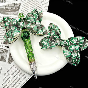 Green‑black sports‑team print bow beads, decorative PU bow charms for beadable pens and handmade DIY craft projects