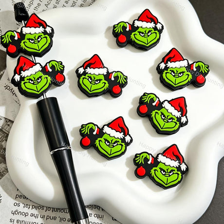 Green christmas character silicone focal beads, festive santa‑hat themed large hole beads for beadable pen and keychain DIY craft supplies