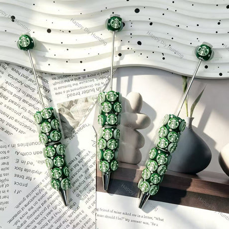 green coffee logo printed wholesale beadable pens compatible with all focal beads and pen toppers for diy writing craft