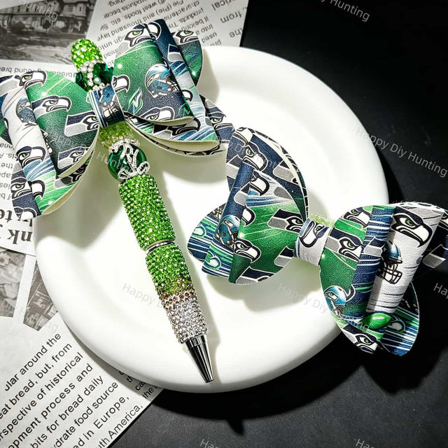 Green‑navy mascot print bow beads, decorative PU bow charms for beadable pens and handmade DIY craft projects