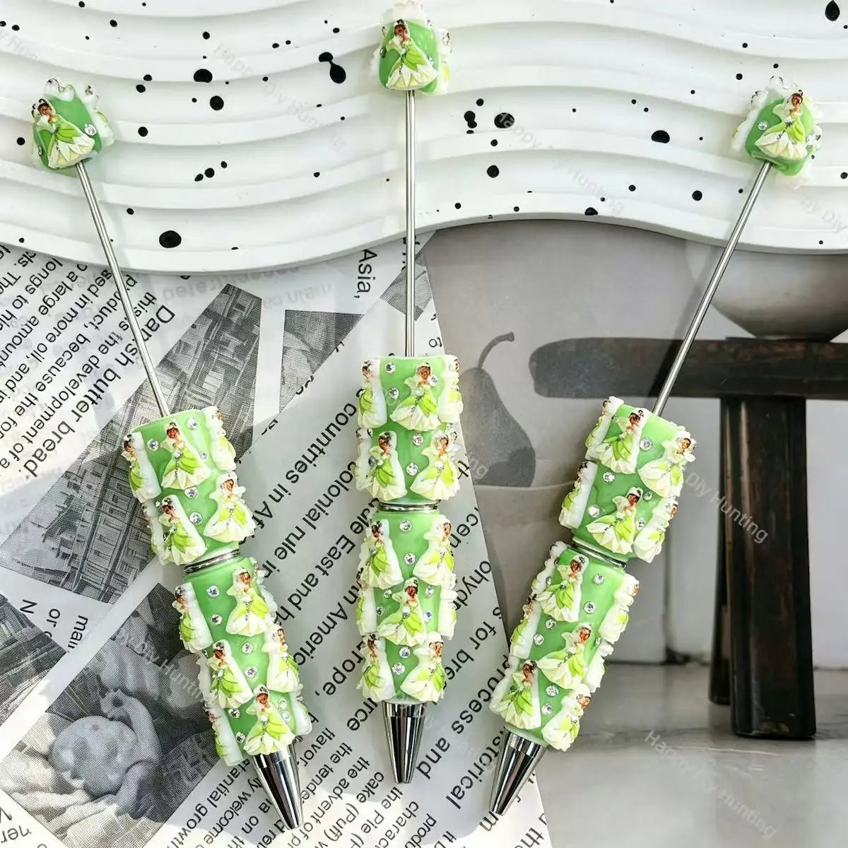 green princess 3d character beadable pens fairytale theme with rhinestones for diy stationery and handmade gifts