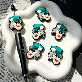 Green top‑hat cartoon man silicone focal beads, cartoon man face large‑hole silicone beads for beadable pens and DIY keychain craft projects