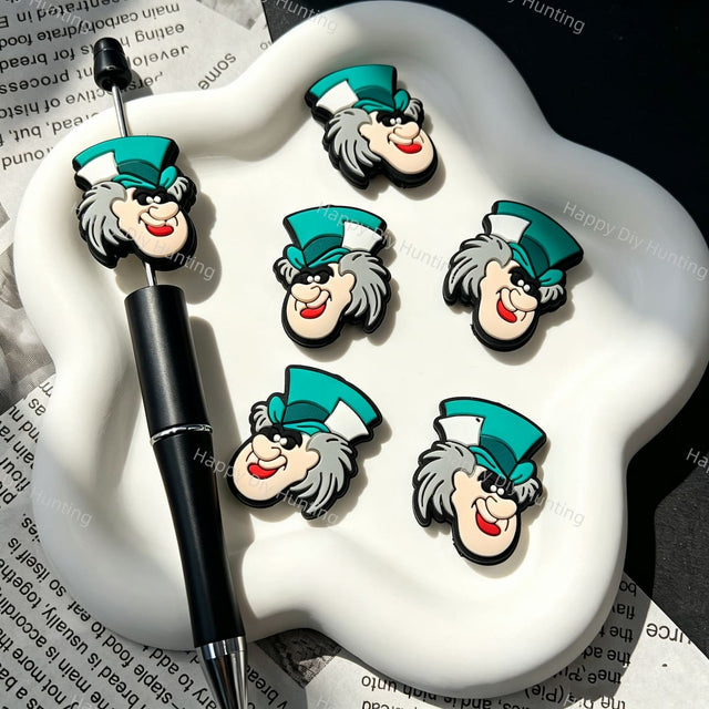 Green top‑hat cartoon man silicone focal beads, cartoon man face large‑hole silicone beads for beadable pens and DIY keychain craft projects