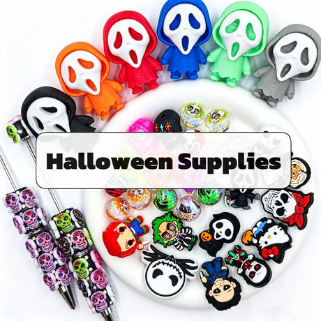 Halloween craft supplies collection featuring spooky beads, toppers, and pens