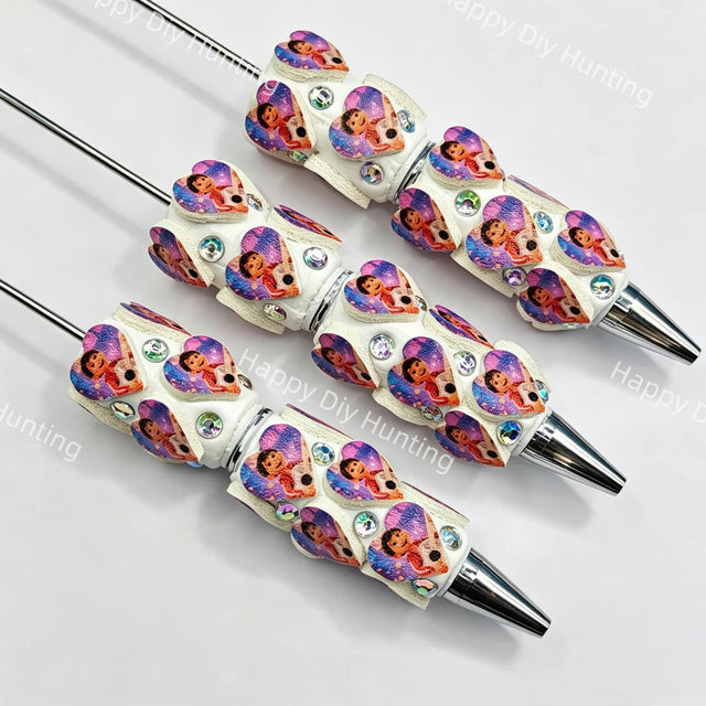 close‑up view of heart pu cartoon girl beadable pen blanks, pu patch and rhinestone detail