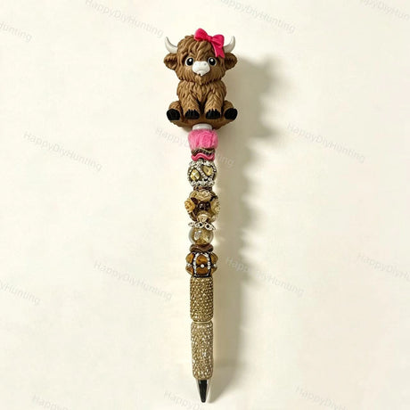 Cute 3D printed hollow highland cow with pink bow no-hole pen toppers for DIY beadable pens