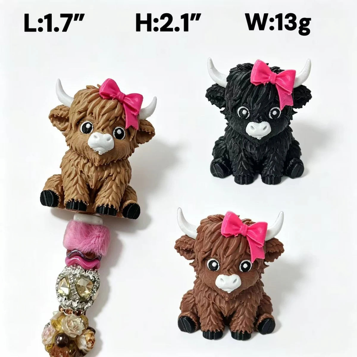 Cute 3D printed hollow highland cow with pink bow no-hole pen toppers for DIY beadable pens