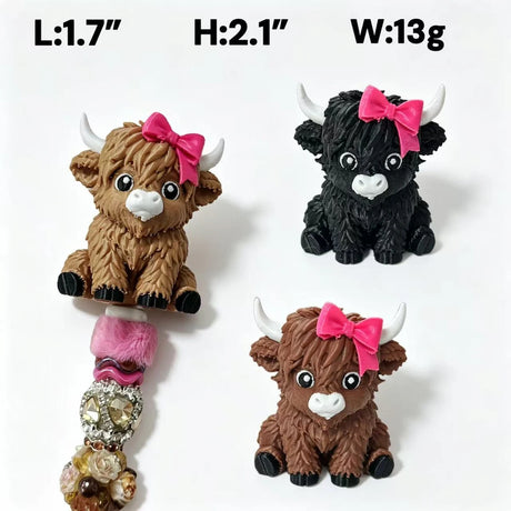 Cute 3D printed hollow highland cow with pink bow no-hole pen toppers for DIY beadable pens