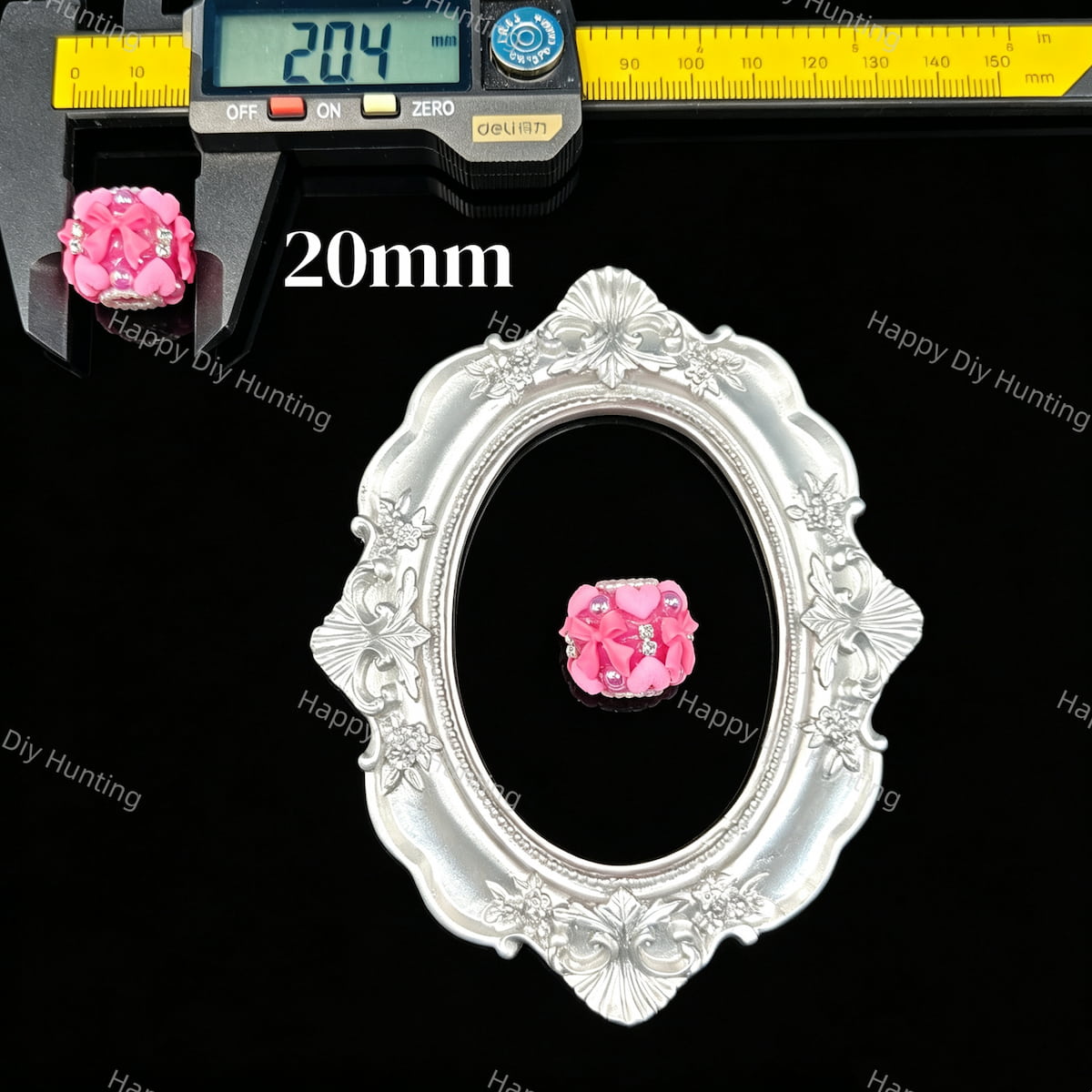 Hot pink bow heart rhinestone beads 20mm, ornate craft beads for beadable pen DIY supplies
