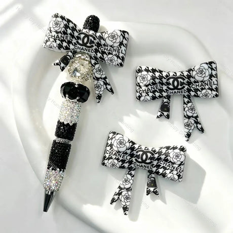 Houndstooth floral print bow silicone focal beads for DIY beadable pens