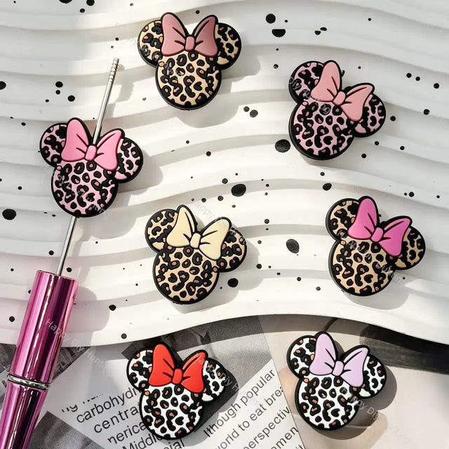 leopard print mouse shape silicone focal beads with colorful bows for diy beadable pens craft supplies