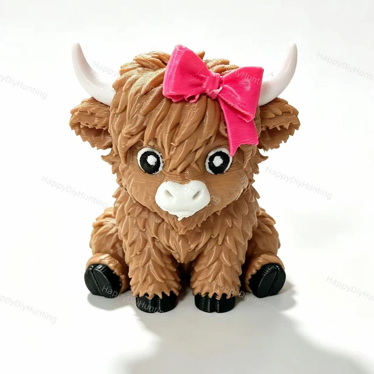 Light brown 3D printed hollow highland cow with pink bow no-hole pen topper for DIY beadable pens
