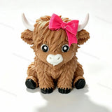 Light brown 3D printed hollow highland cow with pink bow no-hole pen topper for DIY beadable pens