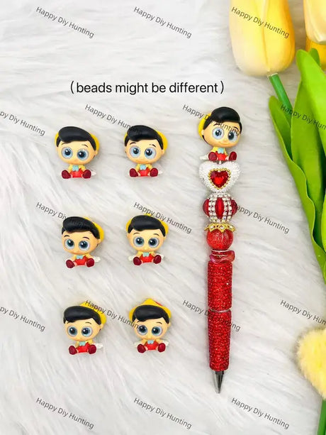 Cute long nose mini figure pen toppers with pre-drilled holes, unique character DIY charms for beadable pen decoration, stationery and daily accessory making
