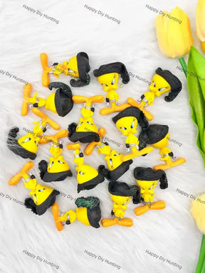 Pre holed mini yellow bird PVC pen toppers match acrylic rhinestone beads for DIY beadable pens, keychains and bag charms - happy diy hunting