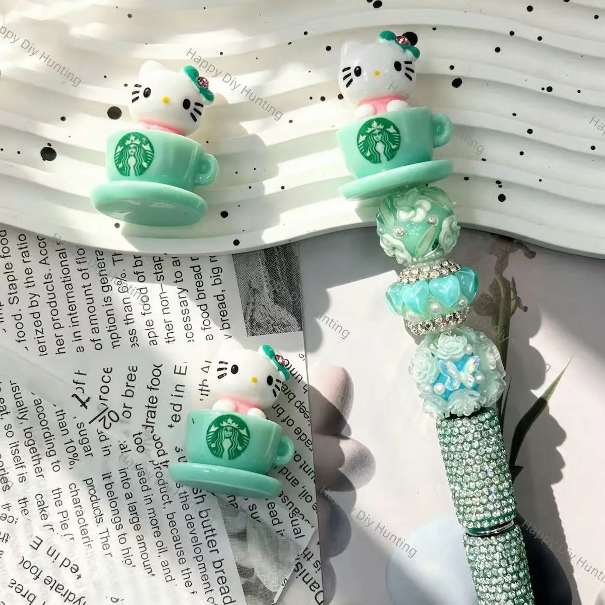 mint‑green cartoon cup character no‑hole pen topper decorative charm for diy beadable pen craft projects