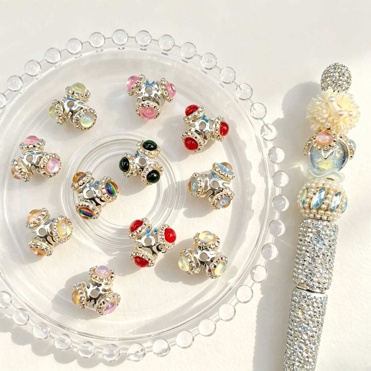 Mix‑color silver‑plated rhinestone bead caps spacer beads, shiny metal bead caps with sparkling rhinestones for beadable pens and DIY keychain craft projects