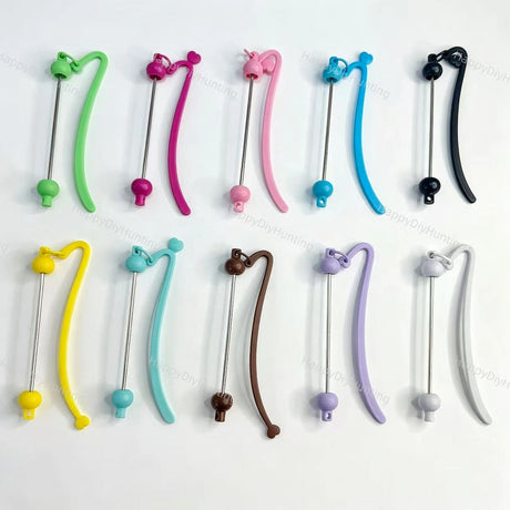 Random mixed color curved plastic beaded bookmark blank with 2.4 inch metal rod for DIY bookmark craft supplies