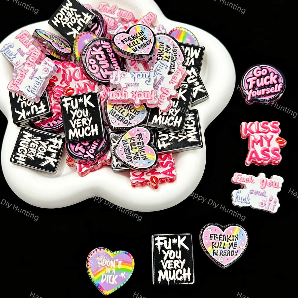 Mixed‑shape printed acrylic focal beads wholesale, heart and square graphic printed large hole beads for beadable pen DIY craft supplies