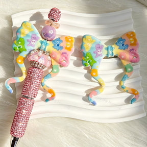Multicolor Pastel Cartoon Bear Print Bow Silicone Focal Beads for beadable pen DIY craft projects