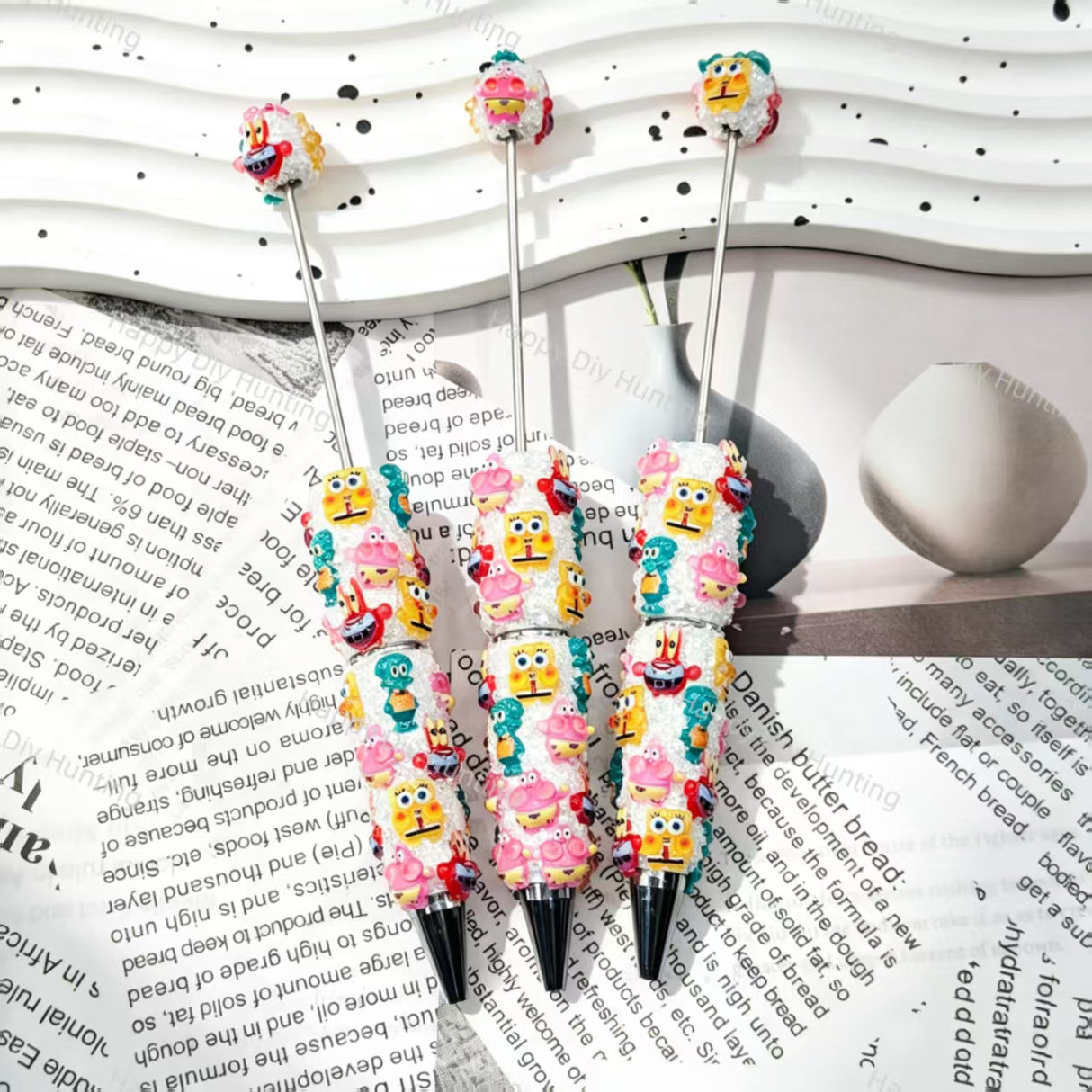 multicolor mini cartoon figurine bling beadable pens, cartoon themed pen bases for diy stationery craft and handmade gift making