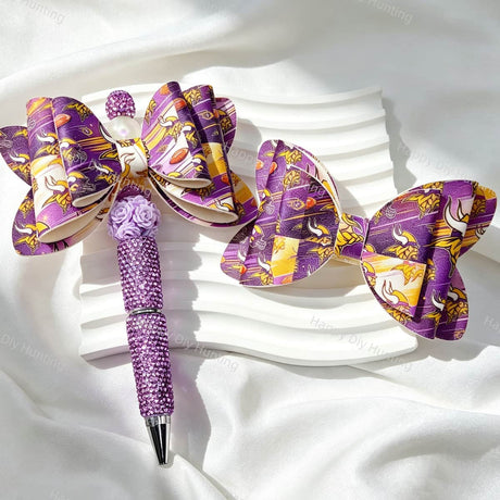 MV purple‑gold sports print bow beads, decorative PU bow charms for beadable pens and handmade DIY craft projects