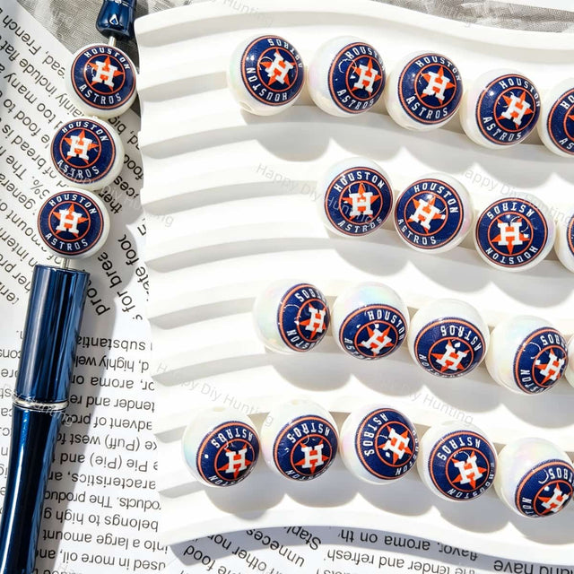 Navy orange star letter baseball pattern printed round acrylic focal beads, large hole craft beads for beadable pen and keychain DIY supplies