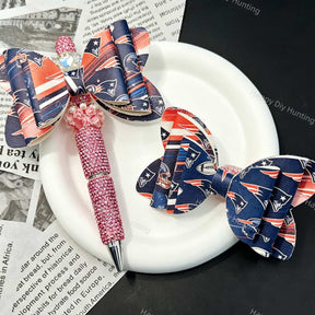 Navy‑red sports‑team print bow beads, decorative PU bow charms for beadable pens and handmade DIY craft projects