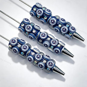Navy T‑letter football emblem sports beadable pens, circular beads printed with T‑letter patterns and iridescent rhinestones for diy handmade stationery