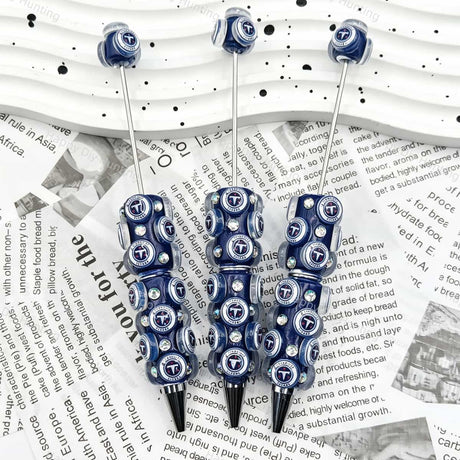 Navy T‑letter football emblem sports beadable pens, circular beads printed with T‑letter patterns and iridescent rhinestones for diy handmade stationery