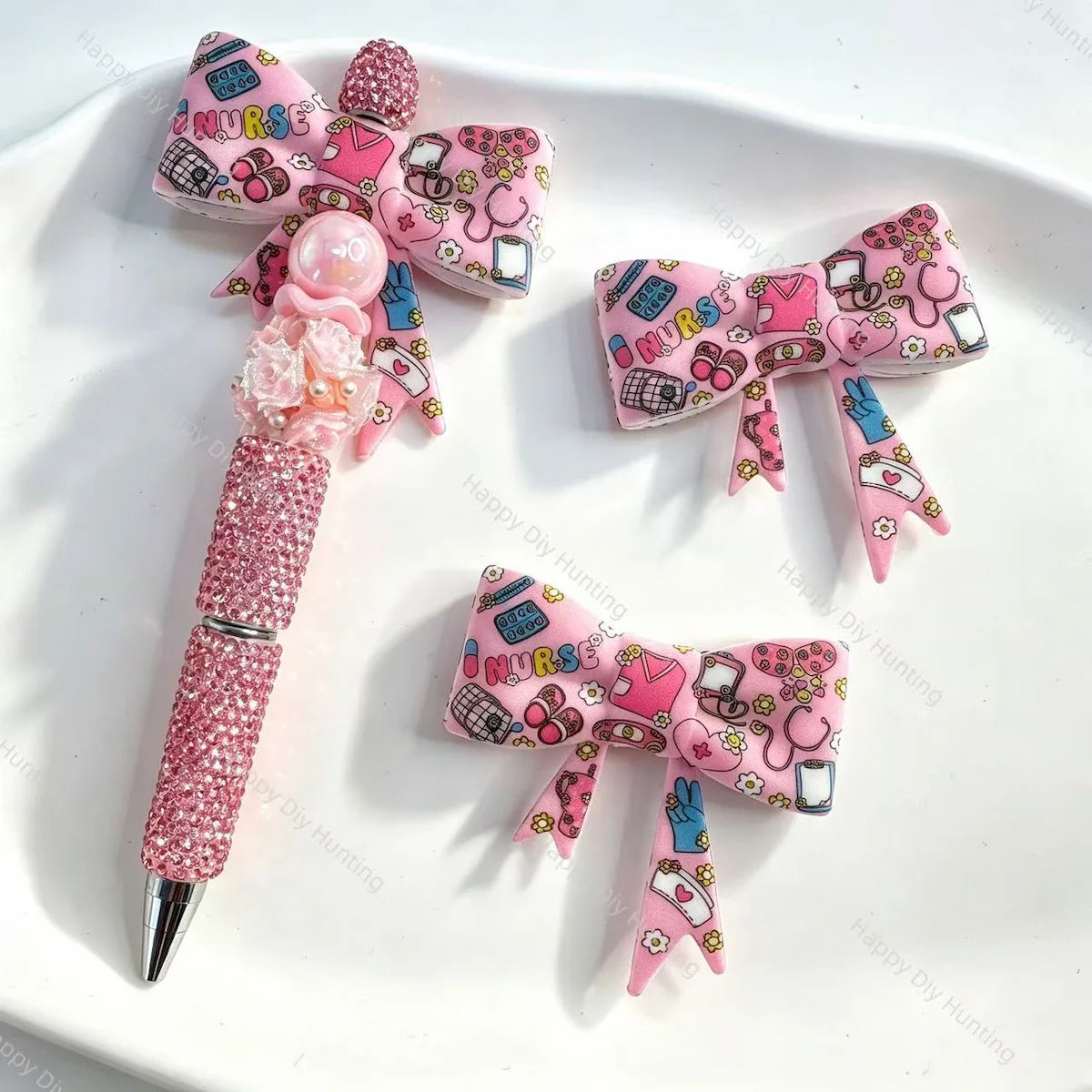 Nurse medical print bow silicone focal beads for DIY beadable pens