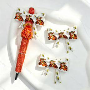 Orange cartoon tiger print bow silicone focal beads for DIY beadable pens