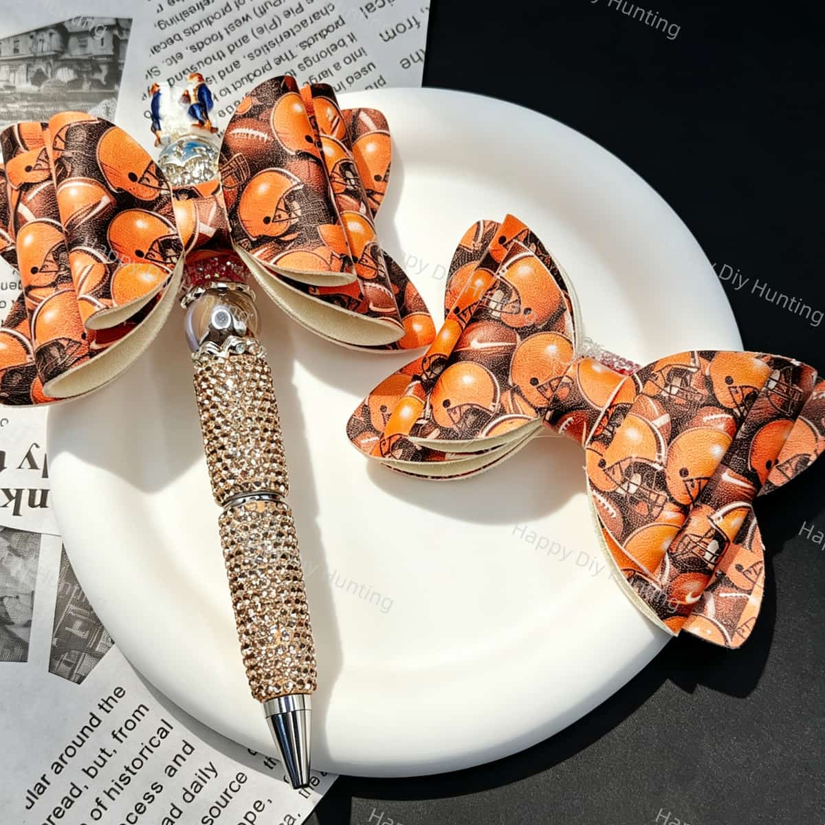 Orange‑brown helmet print bow beads, decorative PU bow charms for beadable pens and handmade DIY craft projects