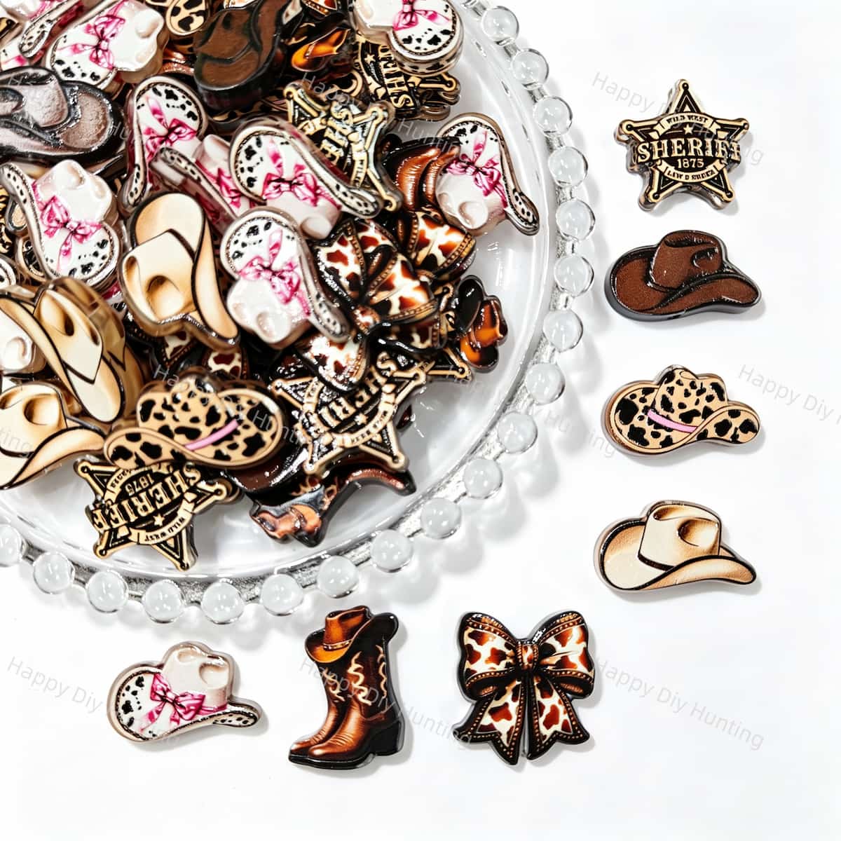 Acrylic focal beads featuring a Wild West sheriff law and order theme print design. Lightweight, bold, and durable, perfect for beadable pens, keychains, and handmade crafts.