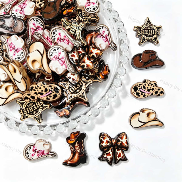 Acrylic focal beads featuring a Wild West sheriff law and order theme print design. Lightweight, bold, and durable, perfect for beadable pens, keychains, and handmade crafts.