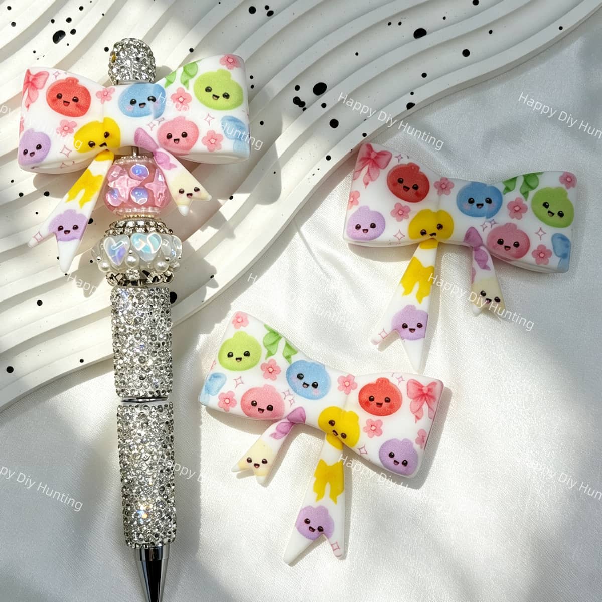 pastel colorful chibi round face bow silicone focal beads for DIY pens and kawaii handmade crafts