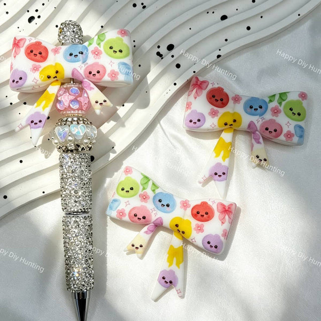 pastel colorful chibi round face bow silicone focal beads for DIY pens and kawaii handmade crafts