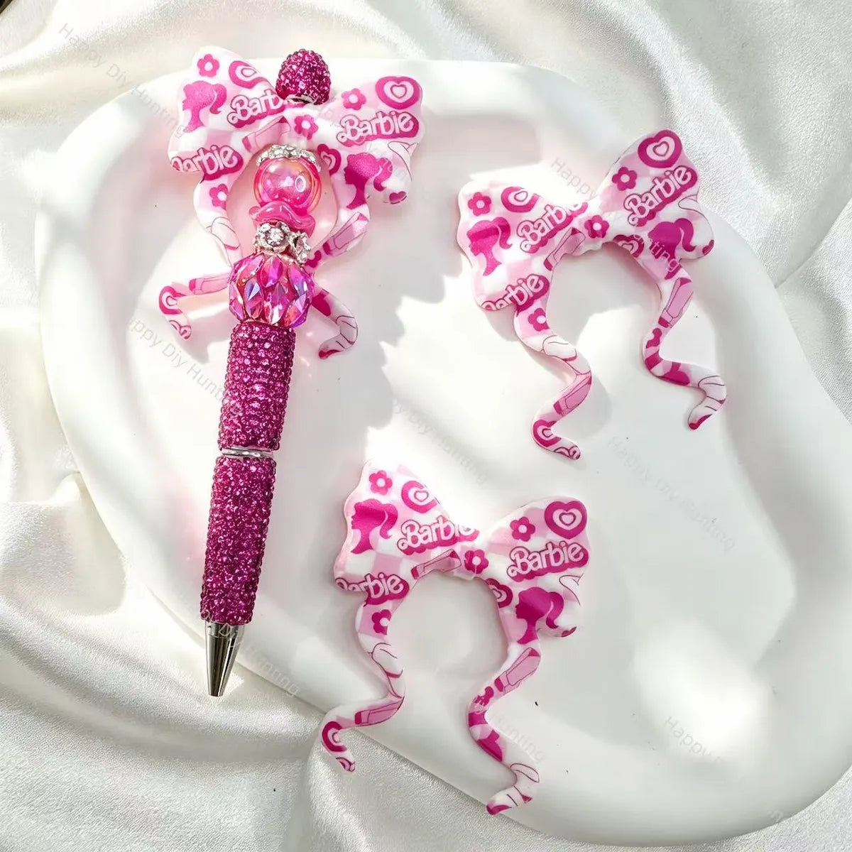 Pink fashion silhouette print bow silicone focal beads for DIY beadable pens