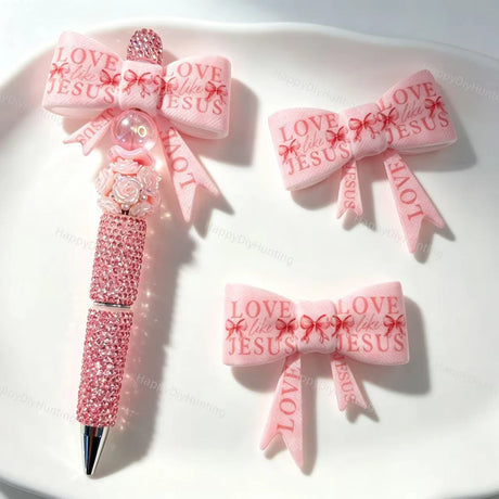Pink Love Like Jesus print bow silicone focal beads for DIY beadable pens religious craft supplies