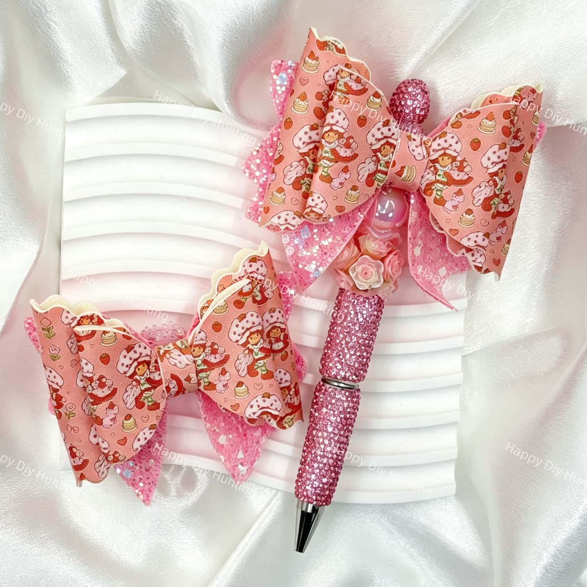 pink strawberry cake print bow beads for DIY pens and sweet dessert-inspired crafts
