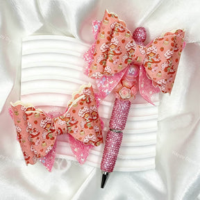 pink strawberry cake print bow beads for DIY pens and sweet dessert-inspired crafts