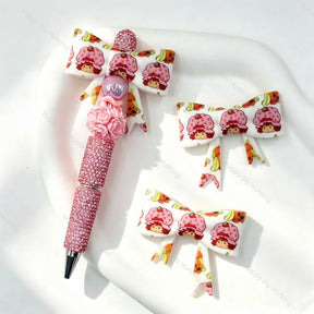 Pink strawberry character print bow silicone focal beads for DIY beadable pens